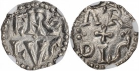 FRANCE. Carolingians. Denier, ND (771-793/4). “Ardis” (Uncertain Provencal) Mint. Charlemagne. NGC MS-62.
1.20 gms. cf. Depeyrot-56 (Arles); cf. M&G-...