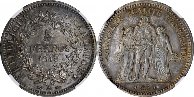 FRANCE. 5 Francs, 1849-A. Paris Mint. NGC PROOF-64.
KM-756.1; Dav-92; Gad-683. ...