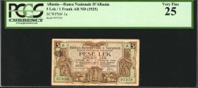 ALBANIA. Banca Nazionale D'Albania. 5 Lek, ND (1925). P-1a. PCGS Currency Very Fine 25.
A scarce issued Albanian 5 Lek, and the first note in the Kra...