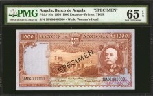 ANGOLA. Banco de Angola. 1000 Escudos, 1956. P-91s. Specimen. PMG Gem Uncirculated 65 EPQ.
Brito Capelo pictured at right on this bright and colorful...