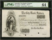 AUSTRALIA. City Bank of Sydney. 5 Pounds, 1866. P-Unlisted. Remainder. PMG Choice Uncirculated 64.
(RMVR2b) Remainder. Printed by BWC. An allegorical...