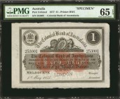 AUSTRALIA. Colonial Bank of Australasia. 1 Pound, 1877. P-Unlisted. Specimen. PMG Gem Uncirculated 65 EPQ.
A scarce 1877 Specimen with fully original...