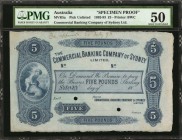 AUSTRALIA. Commercial Banking Company of Sydney Limited. 5 Pounds, 1892-93. P-Unlisted. Specimen Proof. PMG About Uncirculated 50.
(MVR5a) A gorgeous...