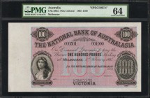 AUSTRALIA. National Bank of Australasia. 100 Pounds, 1895. P-Unlisted. Specimen. PMG Choice Uncirculated 64.
Unlisted. Melbourne. An incredibly rare ...
