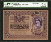 AUSTRIA. Oesterreichisch-Ungarische Bank. 10,000 Kronen, 1918. P-25s. Specimen. PMG Choice Uncirculated 63.
Austrian coat of arms seen at top center....