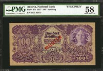 AUSTRIA. National Bank. 5, 10, 20 & 100 Schillings, 1927-33. P-93s, 95s, 97s & 99as. Specimens. PMG About Uncirculated 55 to Uncirculated 62.
4 piece...