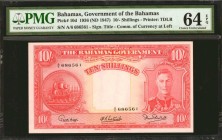 BAHAMAS. Government of the Bahamas. 10 Shillings, 1936 (ND 1947). P-10d. PMG Choice Uncirculated 64 EPQ.
A scarce King George VI denomination which i...