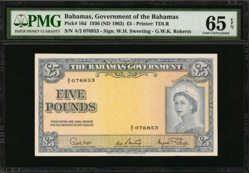 BAHAMAS. Government of the Bahamas. 5 Pounds, 1936. P-16d. PMG Gem Uncirculated ...