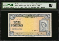 BAHAMAS. Government of the Bahamas. 5 Pounds, 1936. P-16d. PMG Gem Uncirculated 65 EPQ.
Among 6 of the highest graded notes for the type with only 2 ...