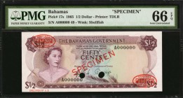 BAHAMAS. Bahamas Government. 1/2 Dollar to 100 Dollars, 1965. P-17s to 25s. Specimens. PMG About Uncirculated 55 to Superb Gem Uncirculated 67 EPQ.
9...