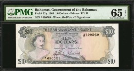 BAHAMAS. Government of the Bahamas. 10 Dollars, 1965. P-22a. PMG Gem Uncirculated 65 EPQ.
Printed by TDLR. QEII at right. A popular 1965 10 Dollar no...