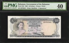 BAHAMAS. Government of the Bahamas. 10 Dollars, 1965. P-22b. PMG Extremely Fine 40.
Printed by TDLR. A triple signature 10 Dollar note from the covet...