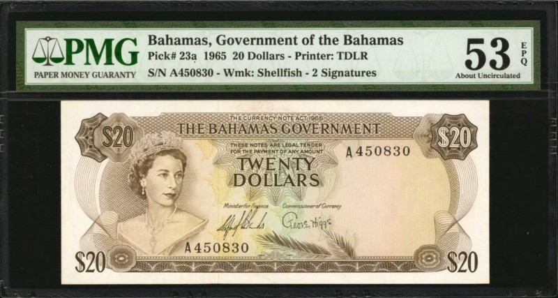 BAHAMAS. Government of the Bahamas. 20 Dollars, 1965. P-23a. PMG About Uncircula...