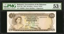 BAHAMAS. Government of the Bahamas. 20 Dollars, 1965. P-23a. PMG About Uncirculated 53 EPQ.
Printed by TDLR. A sought after 20 Dollar note that alway...
