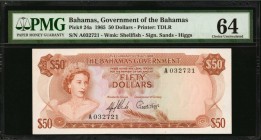 BAHAMAS. Government of the Bahamas. 50 Dollars, 1965. P-24a. PMG Choice Uncirculated 64.
A rare piece which is not often encountered in any grade. Th...