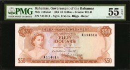 BAHAMAS. Government of the Bahamas. 50 Dollars, 1965. P-Unlisted. PMG About Uncirculated 55 EPQ.
An incredible unlisted triple signature 50 Dollar Qu...