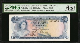 BAHAMAS. Government of the Bahamas. 100 Dollars, 1965. P-25a. PMG Gem Uncirculated 65 EPQ.
A note which likely creates a void in even advanced and co...