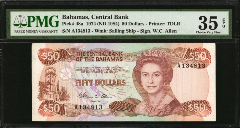 BAHAMAS. Central Bank of the Bahamas. 50 Dollars, 1974 (ND 1984). P-48a. PMG Cho...