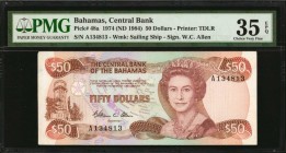BAHAMAS. Central Bank of the Bahamas. 50 Dollars, 1974 (ND 1984). P-48a. PMG Choice Very Fine 35 EPQ.
Printed by TDLR. Watermark of sailing ship next...
