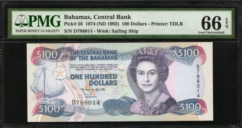 BAHAMAS. Central Bank of the Bahamas. 100 Dollars, 1974 (ND 1992). P-56. PMG Gem...