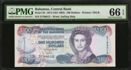 BAHAMAS. Central Bank of the Bahamas. 100 Dollars, 1974 (ND 1992). P-56. PMG Gem Uncirculated 66 EPQ.
Another TDLR 100 Dollar Central Bank QEII. The ...