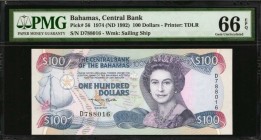 BAHAMAS. Central Bank of the Bahamas. 100 Dollars, 1974 (ND 1992). P-56. PMG Gem Uncirculated 66 EPQ.
The fourth note in this high value run of conse...