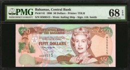 BAHAMAS. Central Bank of the Bahamas. 50 Dollars, 1996. P-61. PMG Superb Gem Uncirculated 68 EPQ.
Printed by TDLR. An exciting 1996 Central Bank 50 D...