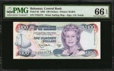 BAHAMAS. Central Bank of the Bahamas. 100 Dollars, 1996. P-62. PMG Gem Uncirculated 66 EPQ.
Printed by BABN. A popular high denomination from the pop...