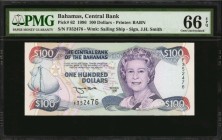 BAHAMAS. Central Bank of the Bahamas. 100 Dollars, 1996. P-62. PMG Gem Uncirculated 66 EPQ.
A Gem 66Q Central Bank 100 that runs consecutive with the...