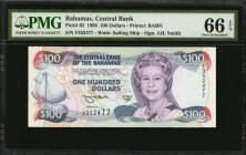 BAHAMAS. Central Bank of the Bahamas. 100 Dollars, 1996. P-62. PMG Gem Uncirculated 66 EPQ.
The third note in this run of 4 consecutive Gem 66EPQ QEI...