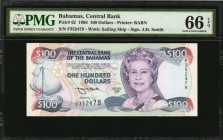 BAHAMAS. Central Bank of the Bahamas. 100 Dollars, 1996. P-62. PMG Gem Uncirculated 66 EPQ.
The fourth and final consecutive 100 Dollar note from the...