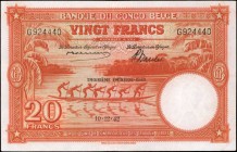 BELGIAN CONGO. Banque du Congo Belge. 20 Francs, 1942. P-15b. About Uncirculated.
Printed by TDLR. Just some faint circulation to report on this beau...