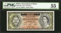 BELIZE. Government of Belize. 10 Dollars, 1976. P-36c. PMG About Uncirculated 55.
A popular first issue Government of Belize in second highest denomi...