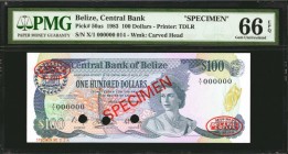 BELIZE. Central Bank of Belize. 100 Dollars, 1983. P-50as. Specimen. PMG Gem Uncirculated 66 EPQ.
A flawless QEII specimen from the Central Bank of B...
