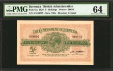 BERMUDA. Government of Bermuda. 5 Shillings, 1920. P-3a. PMG Choice Uncirculated 64.
Receiver General signature title at lower right. A highly import...