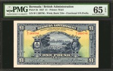 BERMUDA. Bermuda Government. 1 Pound, 1927. P-5b. PMG Gem Uncirculated 65 EPQ.
Printed by Waterlow & Sons. An extremely scarce variety with only two ...