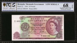 BERMUDA. Bermuda Government. 10 Pounds, 1964. P-22. Low Serial Number 109. PCGS GSG Superb Gem Uncirculated 68 OPQ.
This Bermuda issue is one of the ...