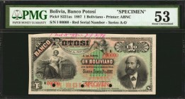 BOLIVIA. Banco Potosi. 1 to 100 Bolivianos, 1887. P-S221as to S226s. Specimens. PMG About Uncirculated 53 to Choice Uncirculated 64.
6 pieces in lot....