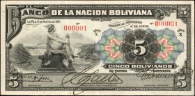 BOLIVIA. Banco de la Nacion Boliviana. 5 Bolivianos, 1911. P-106a. Serial Number 1. Very Fine.
SCARCE Serial Number #000001 on this Banco de la Nacio...