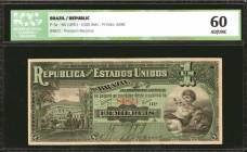 BRAZIL. Republica dos Estados Unidos. 1000 Reis, ND (1891). P-3a. ICG About Uncirculated 60.
Serie 111A. An underrated note which shows here nearly i...