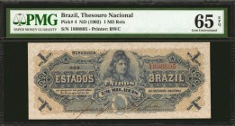 BRAZIL. Thesouro Nacional. 1 Mil Reis, ND (1902). P-4. PMG Gem Uncirculated 65 EPQ.
Only 6 examples of this type grace the PMG population report with...