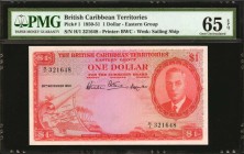 BRITISH CARIBBEAN TERRITORIES. British Administration. 1 Dollar, 1950-51. P-1. PMG Gem Uncirculated 65 EPQ.
King George VI at right on this note. Vib...