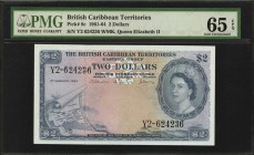 BRITISH CARIBBEAN TERRITORIES. British Administration. 2 Dollars, 1961-64. P-8c. PMG Gem Uncirculated 65 EPQ.
A phenomenal condition for this last da...