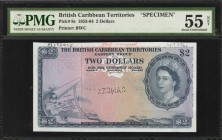 BRITISH CARIBBEAN TERRITORIES. British Administration. 2 Dollars, 1953-64. P-8s. Specimen. PMG About Uncirculated 55 Net. Adhesive.
Printed by BWC. A...