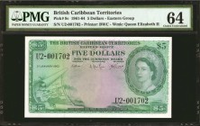 BRITISH CARIBBEAN TERRITORIES. British Administration. 5 Dollars, 1961-64. P-9c. PMG Choice Uncirculated 64.
A nice 5 Dollar design seen with Queen E...