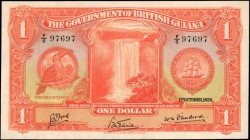 BRITISH GUIANA. Government of British Guiana. 1 Dollar, 1938. P-12b. About Uncirculated.
Beautiful bright red inks on this tougher AU 1938 1 Dollar c...