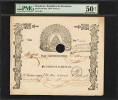 HONDURAS. Republica de Honduras. 25 Pesos, 1862. P-UNL25a. PMG About Uncirculated 50 Net. Punch Hole Cancelled, Edge Damage.
Excellent embossing thro...