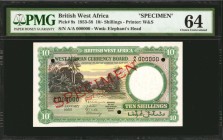 BRITISH WEST AFRICA. West African Currency Board. 10 Shillings, 1955. P-9s. Specimen. PMG Choice Uncirculated 64.
Printed by Waterlow & Sons. Red Spe...