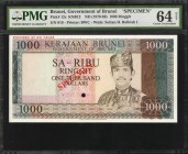 BRUNEI. Government of Brunei. 1000 Ringgit, ND (1979-86). P-12s. Specimen. PMG Choice Uncirculated 64 Net. Previously Mounted.
(KNB12) Printed by BWC...