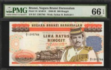 BRUNEI. Negara Brunei Darussalam. 500 Ringgit, 1989-92. P-18. PMG Gem Uncirculated 66 EPQ.
(KNB18) Sultan H. Bolkiah I pictured at right on this well...
